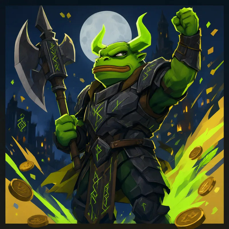 The horned frog warrior raises a fist over a spill of gold coins